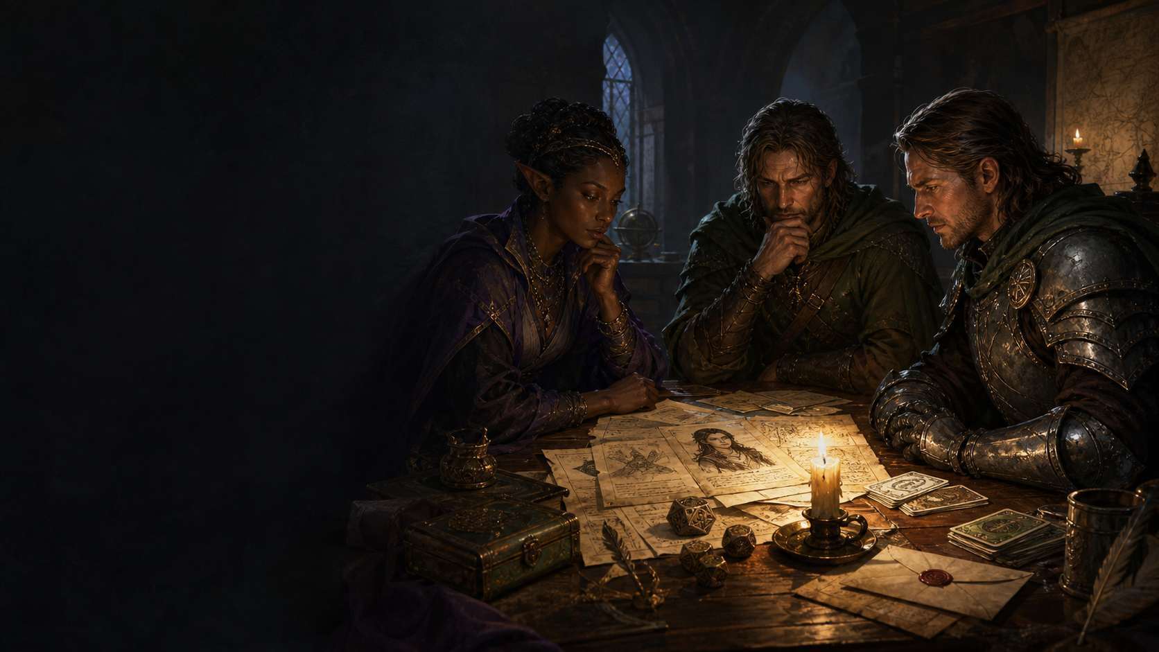 Three adventurers studying character dossiers, quest maps, and story cards by candlelight