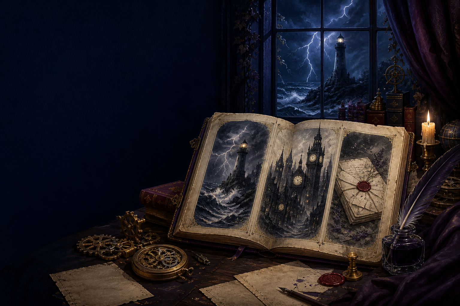 A storm-lit writing folio with a lighthouse, clock city, sealed letters, and quill