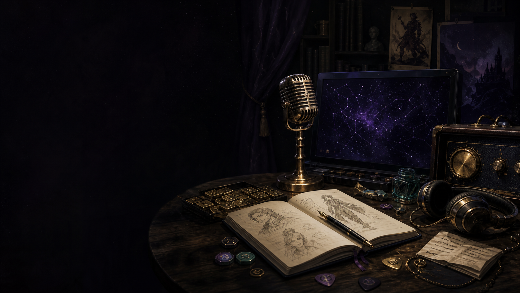 A sophisticated creative studio with character sketches, a microphone, gaming tokens, and letter tiles