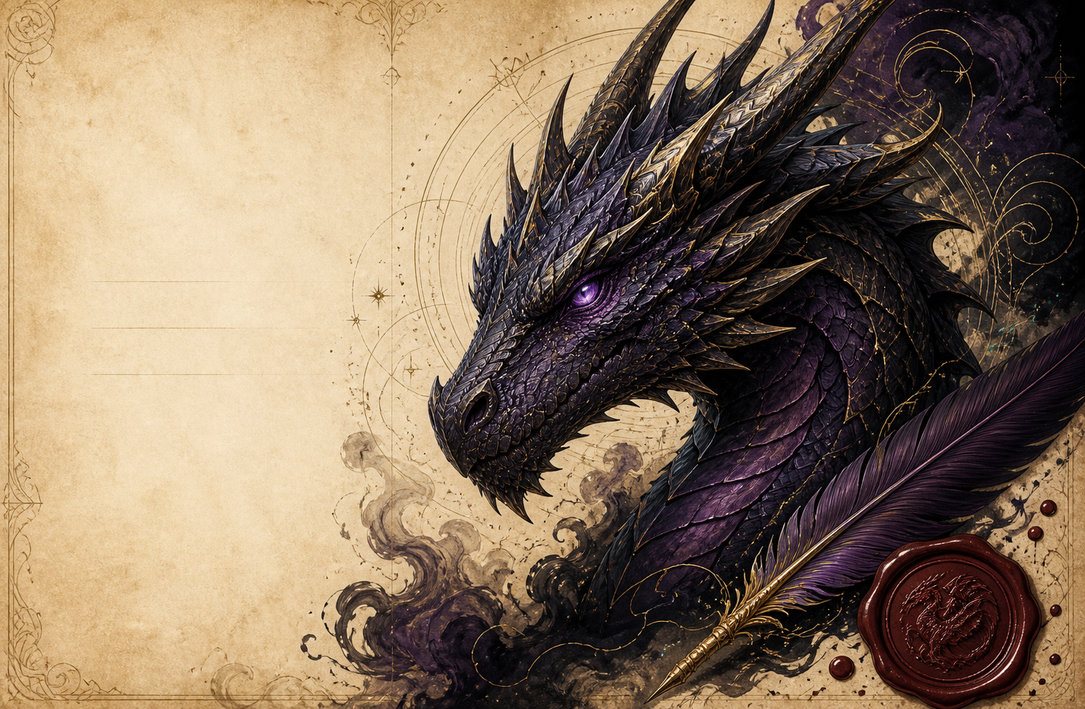 An ancient purple-black dragon illustrated in ink on an illuminated manuscript