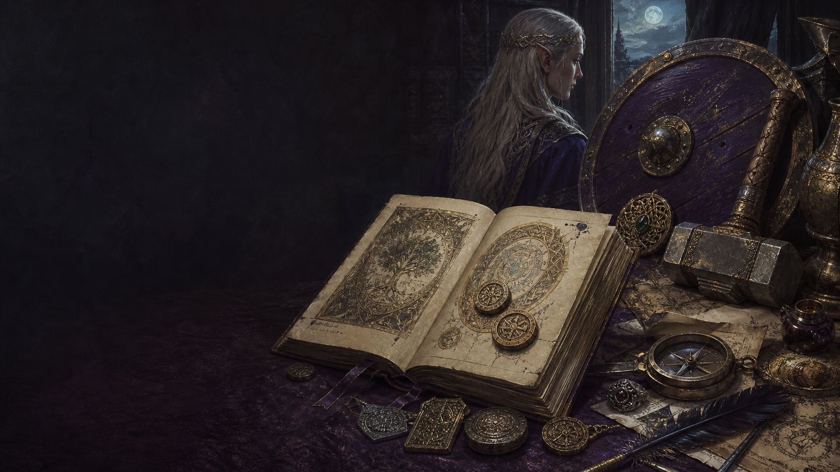 An illuminated naming folio surrounded by elven, Viking, dwarven, magical, and pirate artefacts