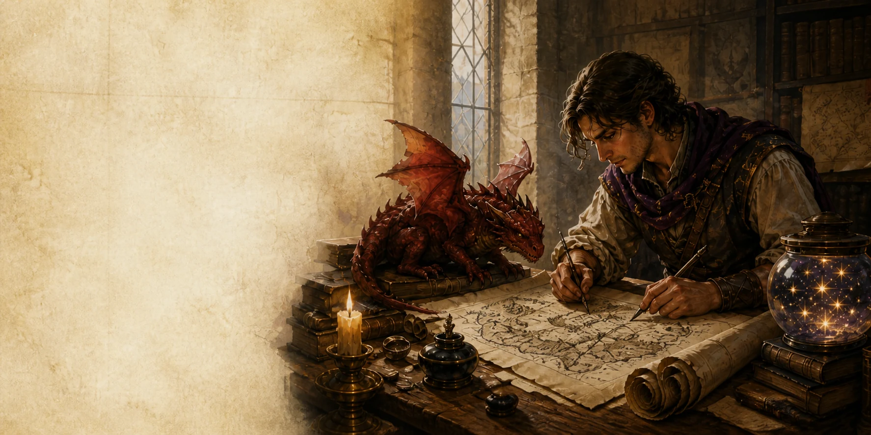 A fantasy cartographer drawing a map beside a small red dragon