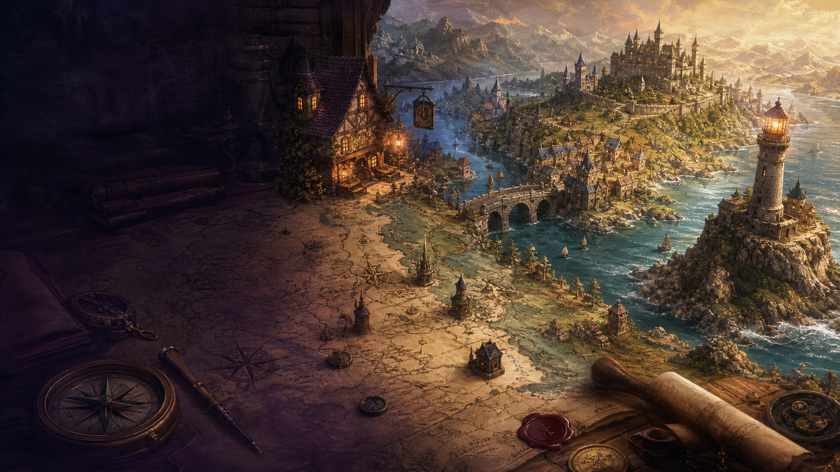 A cartographer's table unfolding into a tavern, river town, kingdom, and island lighthouse