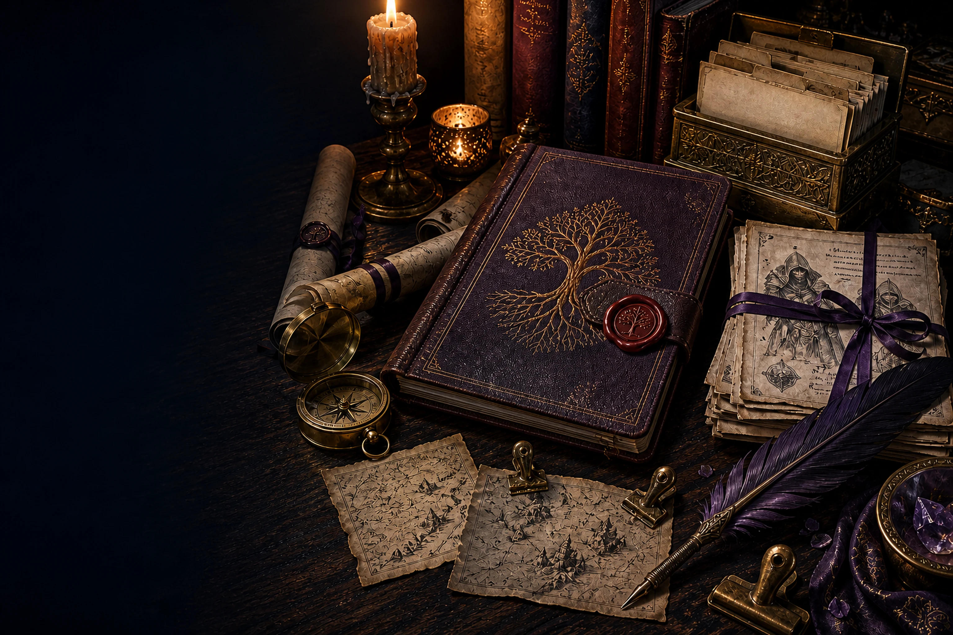 A private fantasy archive with a leather folio, character dossiers, maps, and brass index box