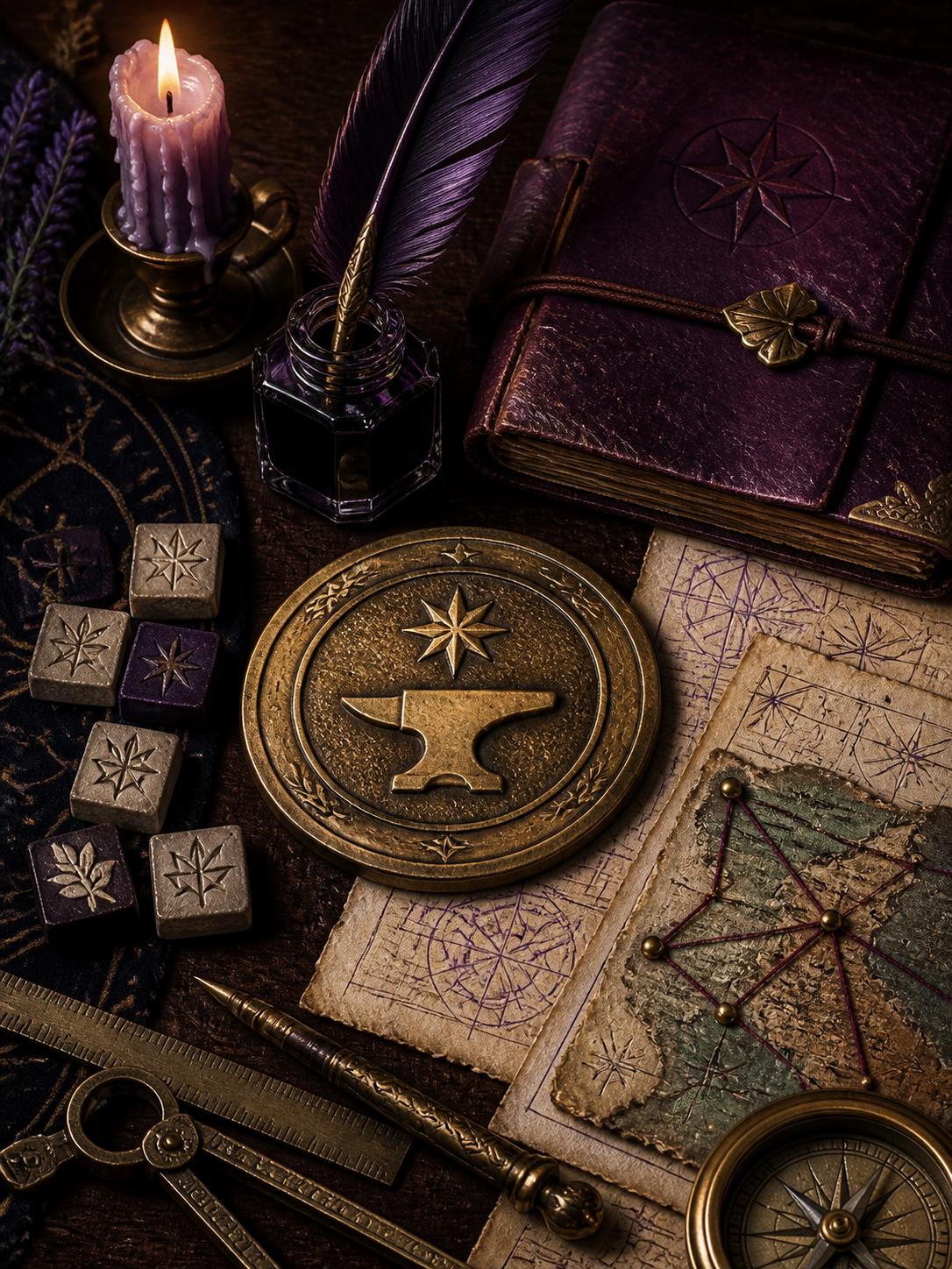 A fantasy craft desk with a forge medallion, component tiles, quill, folio, and connected map